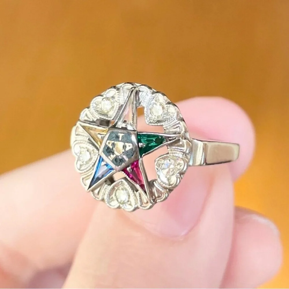 Vintage 10K White Gold Diamond Order of the Eastern Star Masonic Ring (Size 7.5) - Picture 7 of 10